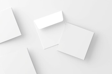 Square Folded Invitation Card With Envelope White Blank 3D Rendering Mockup
