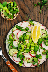 Fresh spring salad plate with radish, cucumber, green pea, sunflower, soy and mung bean sprouts, edamame and flax seeds. Vegetarian vegan healthy food. Top view, wooden kitchen table