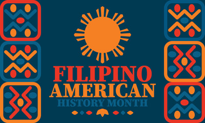 Filipino American History Month. Happy holiday celebrate annual in October. Filipinos and United States flag. Culture month. Patriotic design. Poster, card, banner, template. Vector illustration