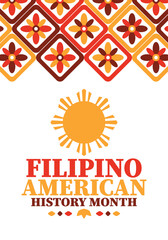 Filipino American History Month. Happy holiday celebrate annual in October. Filipinos and United States flag. Culture month. Patriotic design. Poster, card, banner, template. Vector illustration