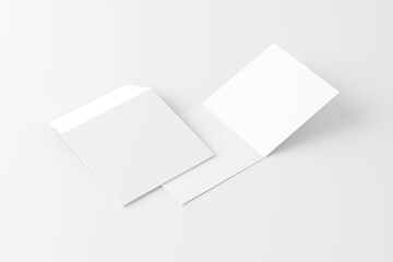 Square Folded Invitation Card With Envelope White Blank 3D Rendering Mockup
