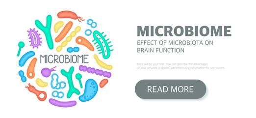 Microbiome website landing page template, newsletter, advertising, label, presentation. Vector background with bacteria.