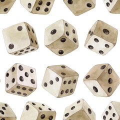 Seamless watercolor pattern with dice on white