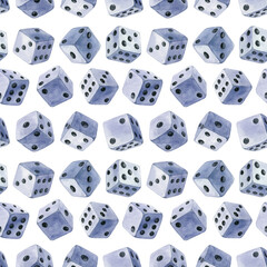 Dices seamless pattern. Repetitive watercolor illustration of blue dices.