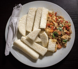 Yam and fried egg sauce