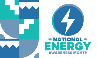 National Energy Awareness Month in October. Optimization and management of energy consumption. The introduction of advanced technology, encourage the use of renewable energy. Energy security. Vector
