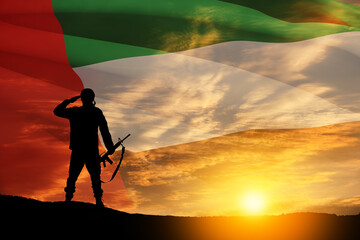 Silhouette of soldier saluting on background of UAE flag and the sunset or the sunrise. Commemoration Day.