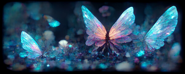 Fototapety  large stunningly beautiful fairy wings Fantasy crystal glass glitter butterfly sits on a light blue stone. The insect casts a shadow on nature.The insect has many geometric angles.3d render