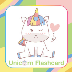 Cute Unicorn Flashcard for Children. Ready to print. Printable game card. Educational card for preschool. Vector illustration.