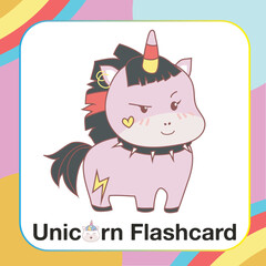 Cute Unicorn Flashcard for Children. Ready to print. Printable game card. Educational card for preschool. Vector illustration.