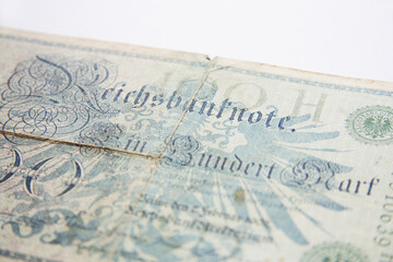 Vintage banknote dated 1908, detail of 100 Deutsches Reich marks -German Empire.