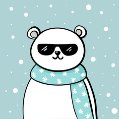Cool polar bear in sunglasses. New year kids card with a cute white bear and snow in doodle style