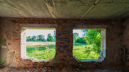 Window frames in an old abandoned building.