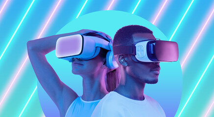 Metaverse people, banner young man and woman in VR headsets exploring virtual reality game world