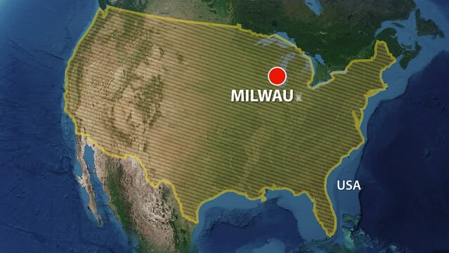 Designation of the borders the United States of America on the map and the mark of the location of the city of Milwaukee