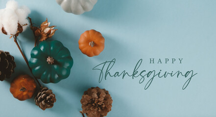 Happy Thanksgiving background with top view of holiday decoration and pumpkins. - 534597802