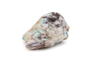 A fragment of the mineral amazonite is whitish in color with black and green blotches