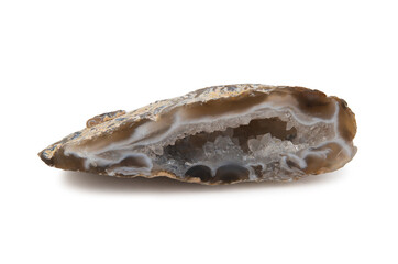 A shard of the chalcedony geode mineral, translucent brown with white veins