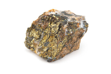 A fragment of the mineral chalcoperite with a golden coating on the surface and white veins