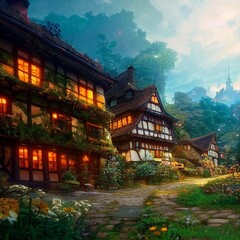 Obraz premium liebevoll gezeichnetes deutsches Dorf in warmen Farben,CG Kunst,Wallpaper