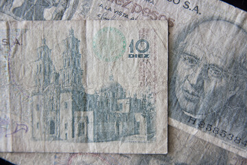 Old Banknotes, Mexico, 10 Pesos, 1974. Worn paper, vintage retro