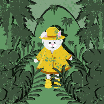 Retro picture with bunny in yellow raincoat, hat and boots in a tropical forest. Postcard with the symbol of 2023 in the tropics among palm trees, tropical leaves and mountains. 