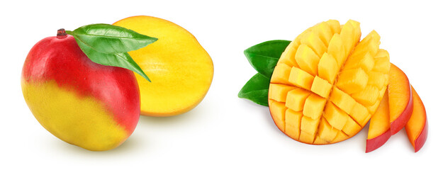 Mango fruit and half with leaf isolated on white background close-up