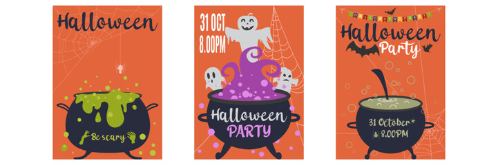 Set of Halloween Concepts. Vector Illustration. Spider Web, Witch Cauldron, bat and ghost, Night Party. Trick or Treat. Party invitation design and poster designs with halloween symbols