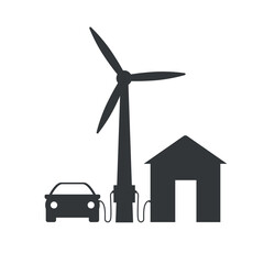 The car and house are connected to a wind turbine. Wind power plant. Charging an electric car and a house from a wind farm