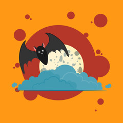 Happy Halloween greeting card with two cute characters black bats flying near full moon, clouds on dark night background. Vector cartoon flat style holiday illustration.