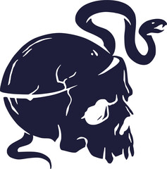 Halloween skull with snake for skeleton design. Halloween undead and walking dead. Fear, horror and spooky zombie element for design dark party of happy halloween