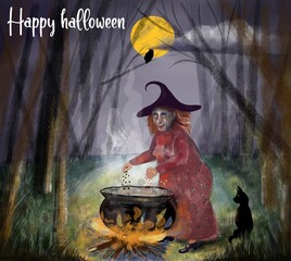 illustration postcard happy halloween witch brews an elixir in a cauldron in the forest