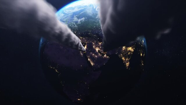 Meteors or asteroids falling on planet earth globe , cinematic movie scene. Concept of world destruction and apocalypse.