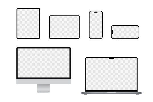 Device screen mockup. Set mockups of technology devices with empty display. Realistic devices mockup set. Computer monitors, laptop, tablet, smartphone.