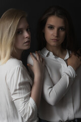 Low key portrait of beautiful two young women posing for the camera in the studio. Vertically. 