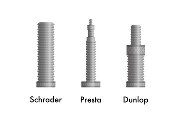 Bike tire valve types. Schrader, Presta and Dunlop.