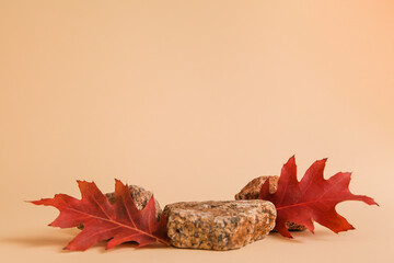 Autumn showcase made of natural stone, autumn foliage. Empty Podium presentation cosmetics. Minimalistic branding scene.