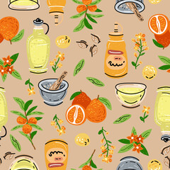Colored seamless pattern of food and drink. For the menu of restaurants, cafes, and canteens. Fresh food. Harvest. Sauces, mayonnaise, mustard.