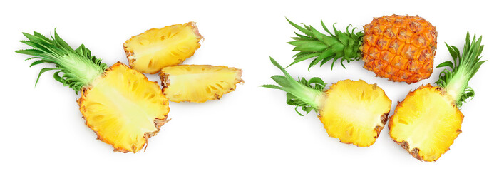 pineapple half with slices isolated on white background with full depth of field. Top view. Flat lay