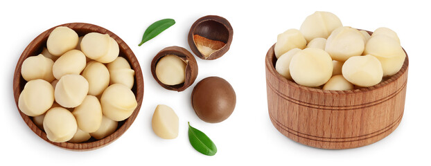 macadamia nuts in wooden bowl isolated on white background with full depth of field. Top view. Flat lay.