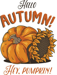 Autumn pumpkin and sunflower for autumn background design. October vegetable for season shirt print. Eco and natural decoration for fair or market