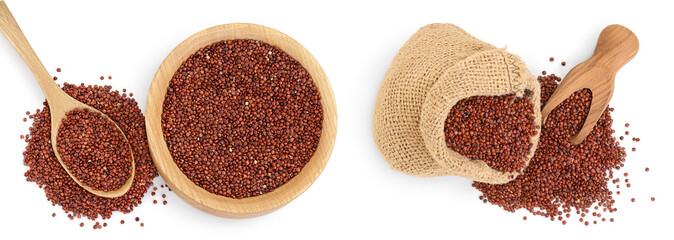 red quinoa seeds in bag isolated on white background with full depth of field. Top view. Flat lay.
