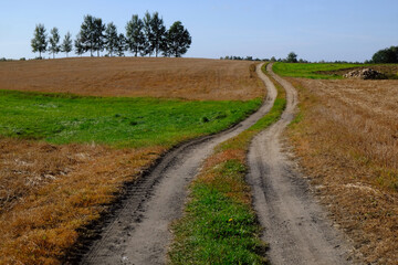 Fototapeta premium Dirt road among fields in autumn scenery. Kashubia, Poland