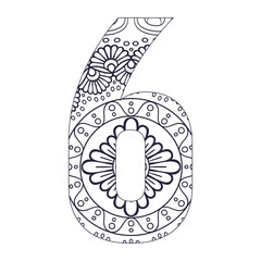 mandala number 6 coloring page with vector illustration Ornamental font

