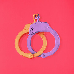 Locked golden purple handcuffs on isolated vibrant pink background. Minimal concept of...