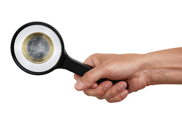 Money series: man with magnifying glass symbolically checks euro.