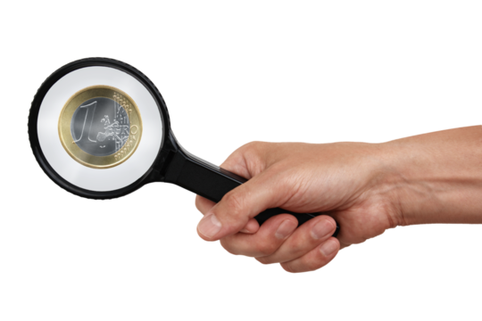 Money series: man with magnifying glass symbolically checks euro.