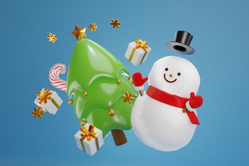 3D Rendering The Cute snowman smiling with a pile of gift box, Christmas tree and candy cane on blue background. Merry Christmas concept