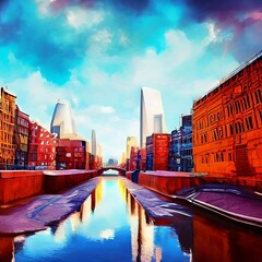 Fototapeta premium Futuristic city 3d illustration, vivid colors, perfect sky