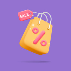 3d vector flying shopping gift bag with percent icon for web and mobile app online store poster design. realistic render discount price label coupon for Premium sale, special offer advertisement.